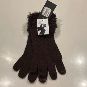 Dark Brown Knit Gloves with Faux Fur Trim